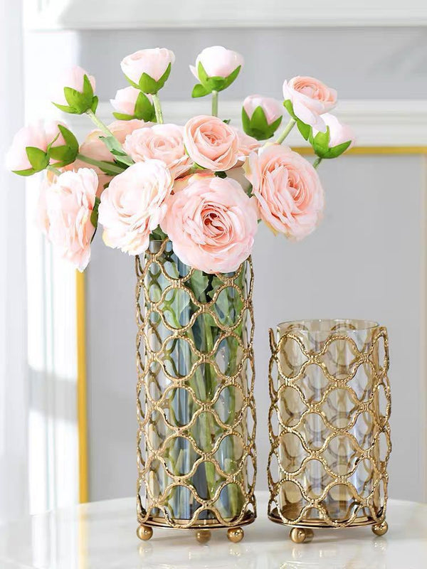 Golden Metal Hollow Glass Vase - Cappucci Living