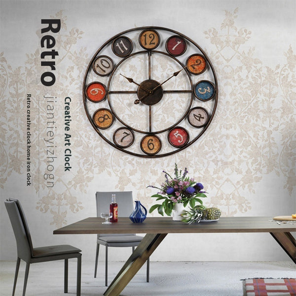 Vintage wrought iron wall clock – 60cm large retro decorative clock for living room and office