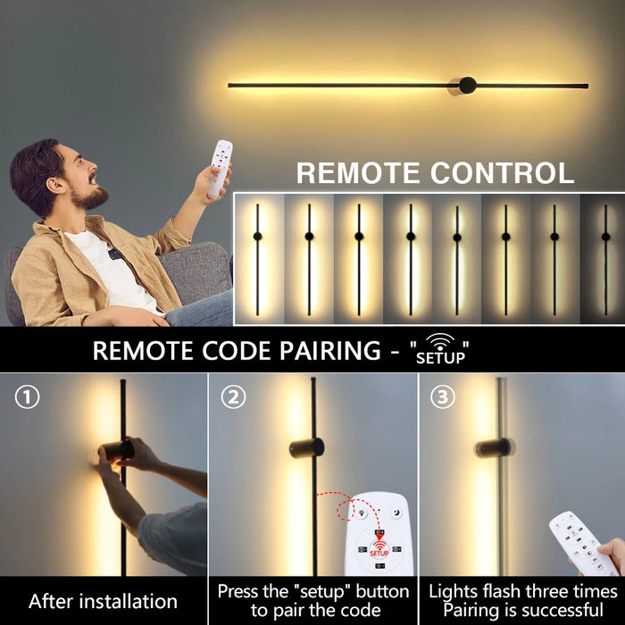 Wall-mounted light fixture with remote control setup instructions.