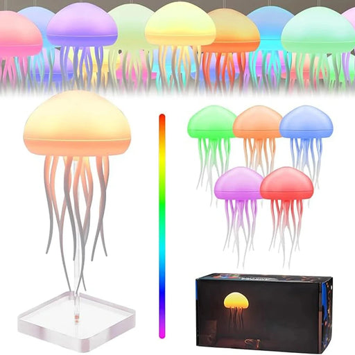 Colorful jellyfish-shaped lamps with a box and rainbow color scale.