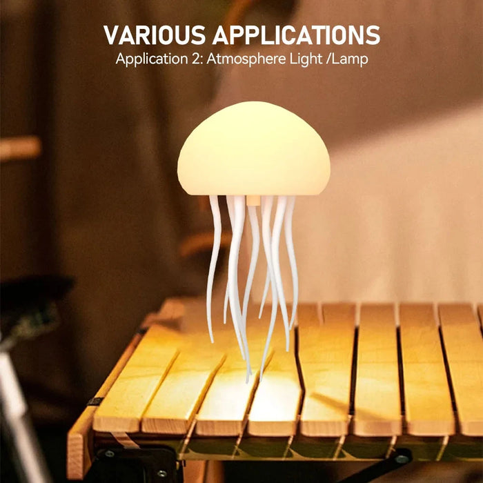 Jellyfish-shaped lamp on a wooden surface with 'Various Applications' text above.