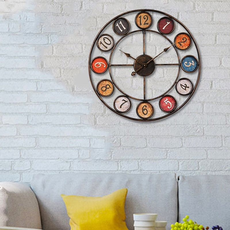 Antique-style wall clock with 12-circle iron frame and silent quartz movement