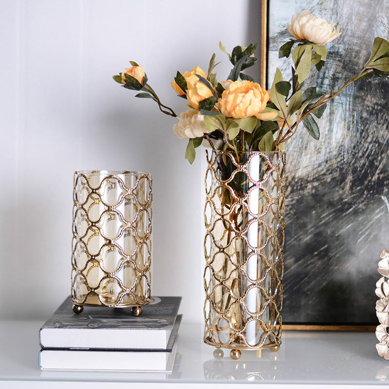 Hollow-Out Glass Vase with Gold Metal Stand – Modern Decorative Flower Vase